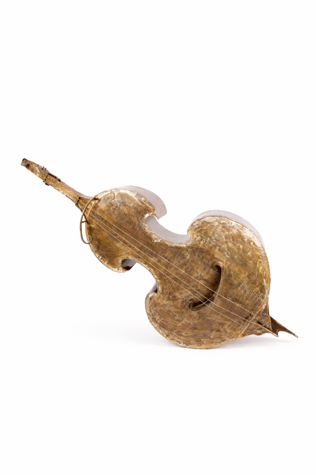 Distressed metal double bass sculpture on white background